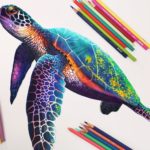 Živá, realistická kresba mořské želvy v modrých, zelených a oranžových odstínech je obklopena barevnými tužkami, z nichž některé odpovídají odstínům použitým v kresbě. Na bílém pozadí působí želva detailně a dynamicky.