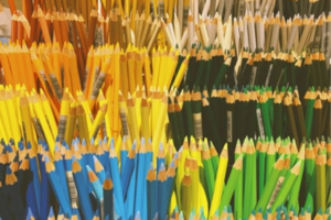 Velký sortiment barevných tužek uspořádaných vertikálně do skupin podle barev, včetně odstínů oranžové, žluté, zelené, modré a bílé, vytváří živou a uspořádanou expozici.