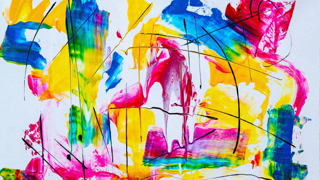 Abstraktní malba s odvážnými skvrnami žluté, modré, růžové a zelené barvy, které jsou protkány tenkými černými liniemi na bílém plátně. Tahy štětcem jsou dynamické a vytvářejí živou a energickou kompozici.