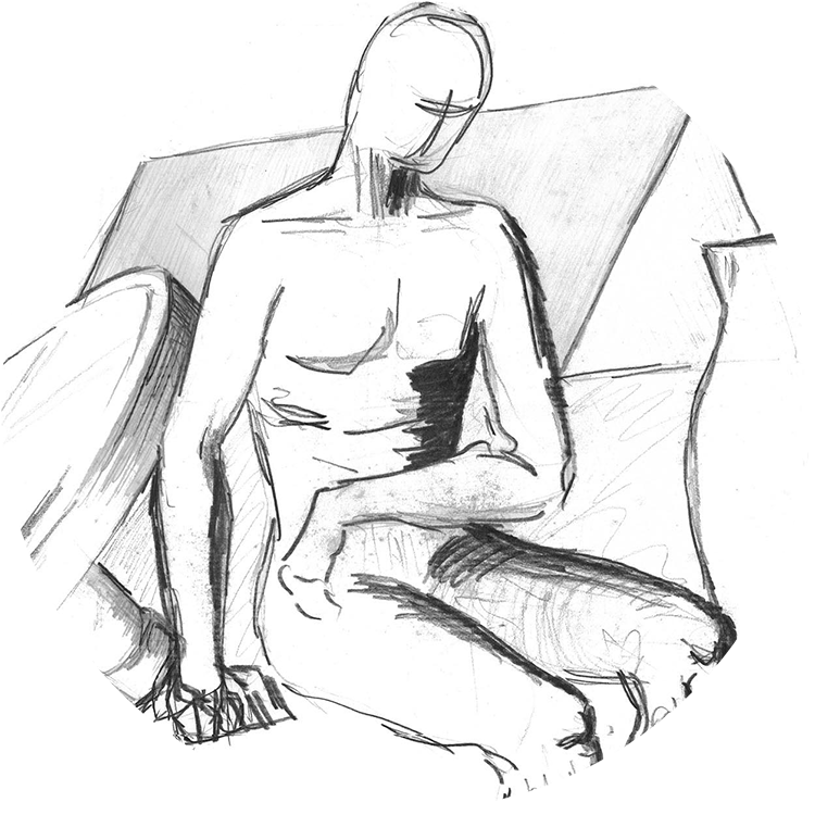 Tužková skica sedící lidské postavy bez obličeje s definovaným trupem a končetinami, která se jednou rukou opírá o pokrčené koleno. Geometrické tvary na pozadí dodávají kompozici hloubku.