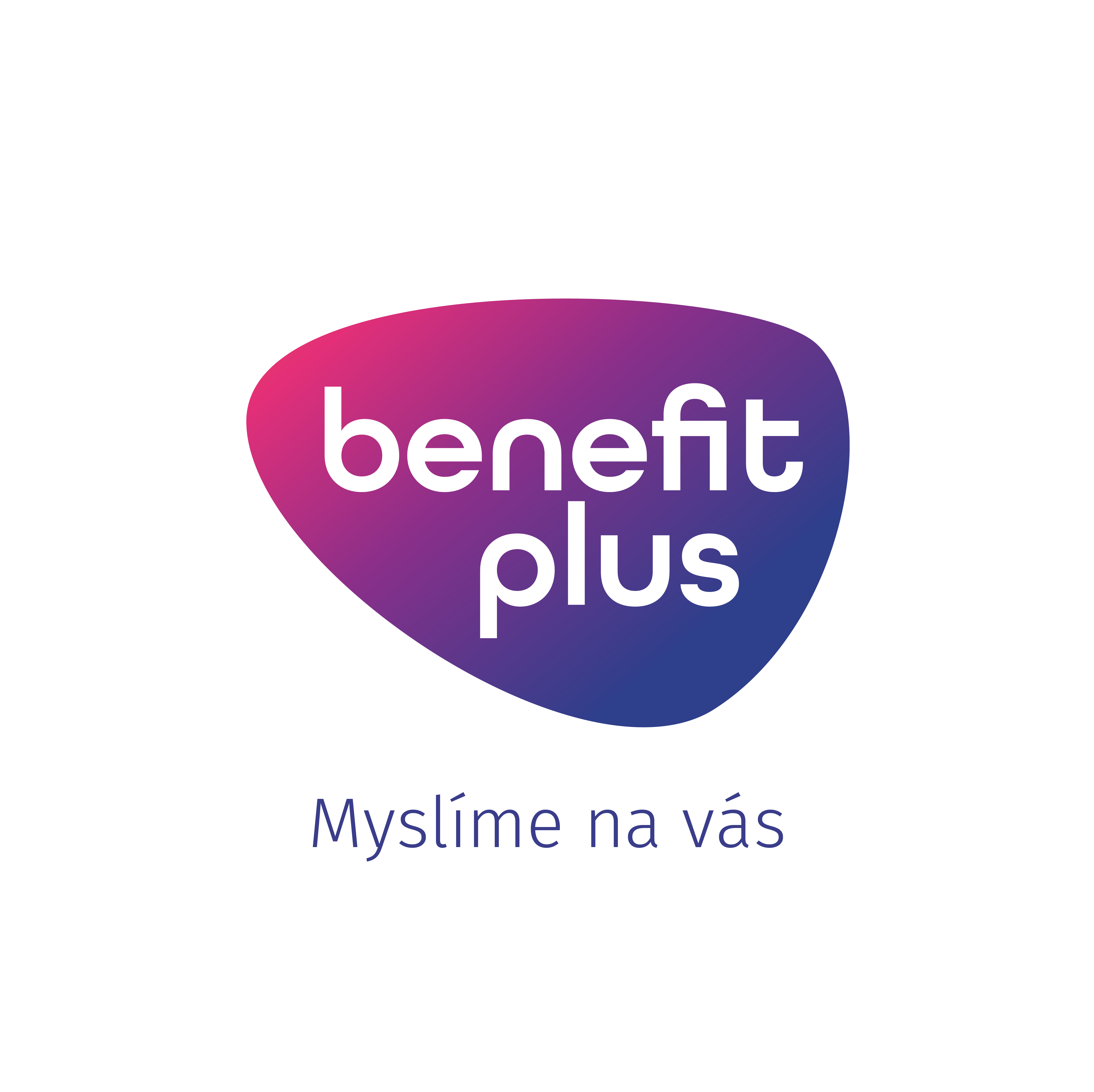 Logo Benefit Plus s bílým textem na fialovém a růžovém gradientu a českou větou "Myslíme na vás", což znamená "Myslíme na vás".