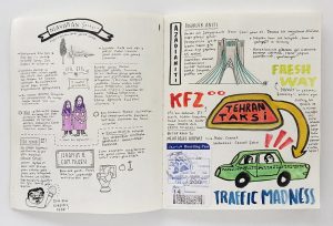 Otevřený skicák s ručně psanými poznámkami, čmáranicemi a barevnými kresbami, včetně zeleného taxíku, věže Azadi a skic lidí. Na pravé straně pod ilustrací zeleného taxíku je nalepena palubní vstupenka.