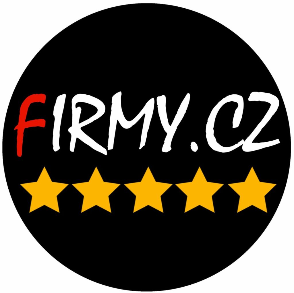 Černý kruh s bílým nápisem "FIRMY.CZ" a červeným písmenem "F". Pod textem je pět žlutých hvězdiček, které označují pětihvězdičkové hodnocení.