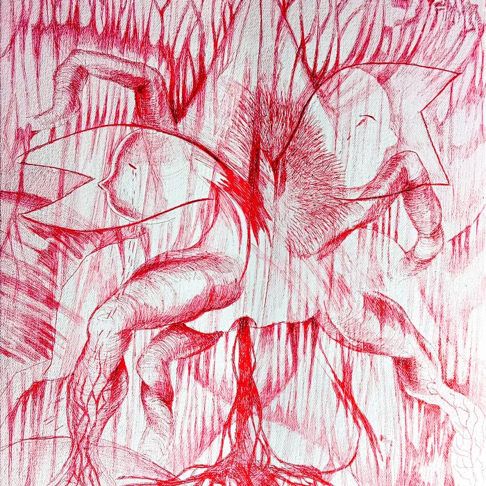 Surrealistická červenobílá kresba dvou abstraktních humanoidních postav vystupujících z centrálního hvězdicovitého útvaru, pod nímž se táhnou kořeny stromů a pozadí vyplňují organické, plynulé linie.