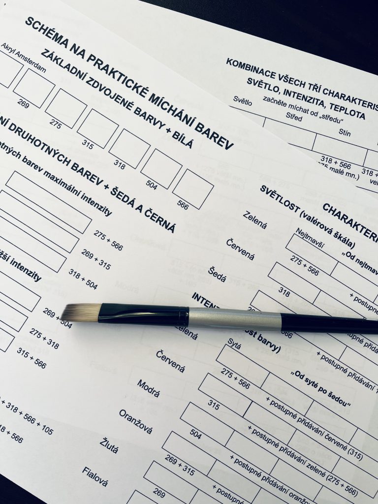 Detailní záběr na tištěné tabulky pro míchání barev v češtině s políčky pro vzorníky barev, na kterých je diagonálně položen štětec.