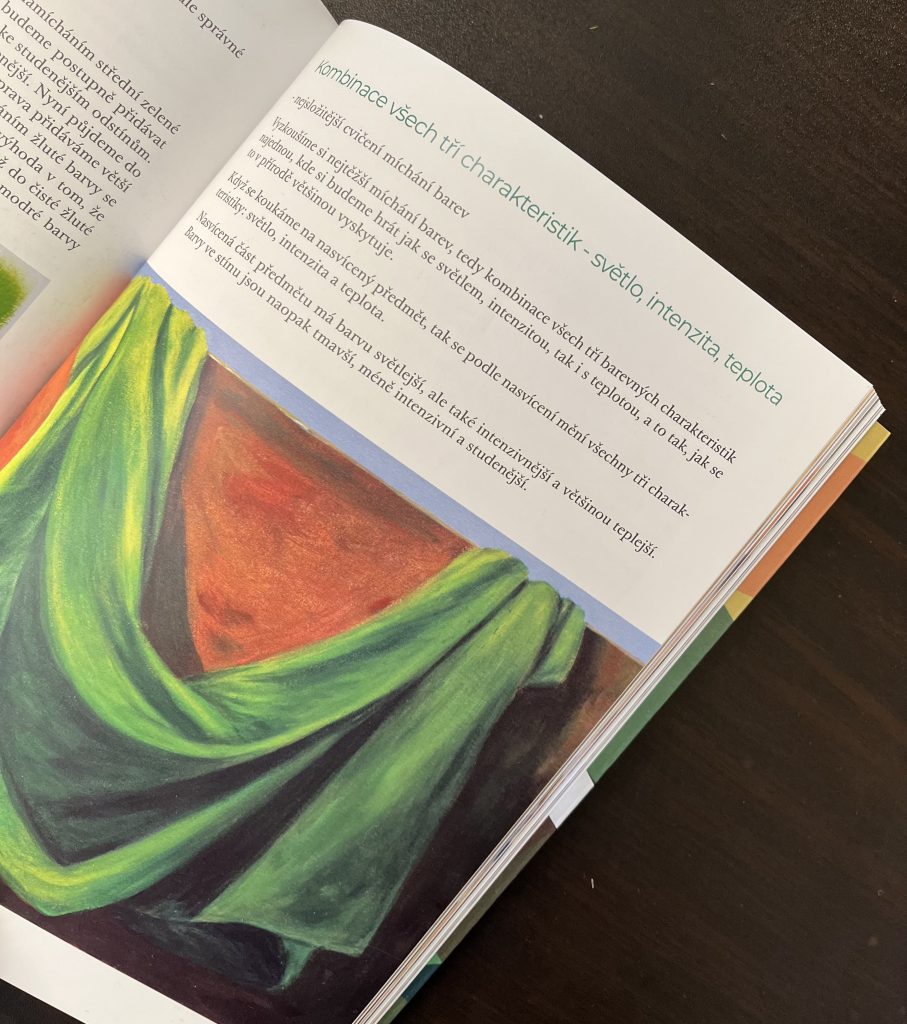 Otevřená kniha na tmavé ploše zobrazuje barevnou ilustraci zelené a žluté látky přetažené přes červenohnědé pozadí, nad obrázkem je vytištěn český text.