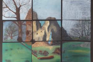 Devět kreseb uspořádaných do mřížky zobrazuje zničenou kamennou stavbu obklopenou stromy a travnatými poli za různých podmínek na obloze, které při společném pohledu vytvářejí jeden ucelený krajinný výjev.