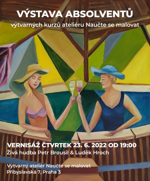 Dvě ženy v kloboucích s širokou krempou sedí u stolu s nápoji a jsou obklopeny barevnými impresionistickými tahy štětcem. Nad obrazem jsou česky napsány podrobnosti o výstavě a události.