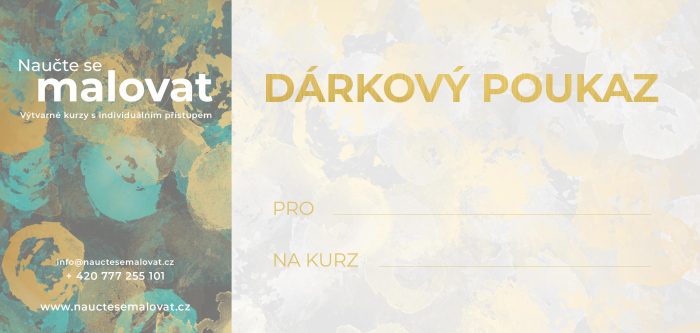 Dekorativní český dárkový poukaz na kurzy malování s abstraktními tahy štětcem v barvách teal, gold a white, s prostorem pro vyplnění jména obdarovaného a údajů o kurzu. Kontaktní údaje jsou zobrazeny vlevo.