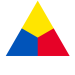 Trojúhelník rozdělený na tři části: horní je žlutá, levá spodní je modrá a pravá spodní je červená, vše na bílém kruhovém pozadí.