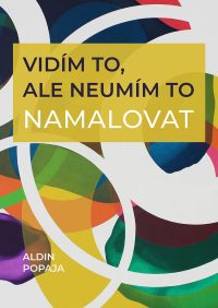 Obálka knihy s barevnými abstraktními tvary v modré, zelené, žluté a červené barvě na bílém pozadí. Překrytý, žlutý rámeček s českým textem: "VIDÍM TO, ALE NEUMÍM TO NAMALOVAT." Jméno autora: Aldin Popaja.